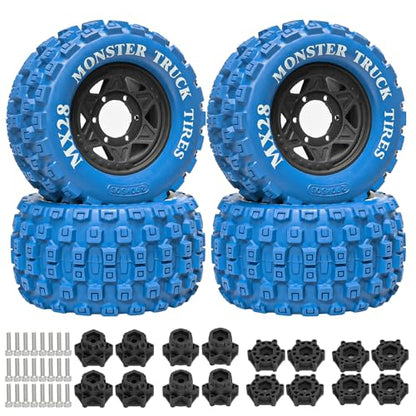 LRFHL MX28 F/R 2.8" RC Monster Truck Tires and Wheels 4PCS, Blue | 12mm/14mm Hex Adapter, 1/10 RC Monster Truck, Compatible with Traxxas Stampede Rustler Redcat Arrma Vorteks Big Rock Granite - color: Blue Tires+ Black Hex Wheel-2