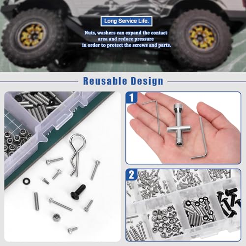Glarks 294pcs M1.4 x 4/5/6/8/10/12MM Universal RC Screw Kit, RC Cars Trucks Crawler Parts Hardware Fasteners, RC Screw Hardware Fasteners for Axial SCX24 1/24 RC Crawler Truck Deadbolt C10 Jeep Betty