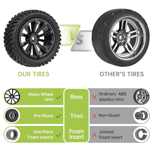 4Pcs 12mm Hex RC Wheels Tires Height 2.99 inch (76mm) for 1/10 On Road and 1/14 1/16 1/18 Scale Models Cars Truck Buggy with Foam Inserts