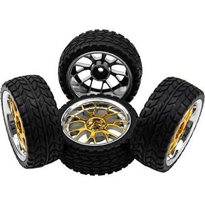 4Pack HIRCQOO 12mm Hex Plastic Wheel Rims & 2.59" Rubber Tires Set w/Foam Compatible with Traxxas Kyosho HPI Tamiya TT-01 TT-02 Sakura HSP 1/10 RC On-Road Touring Car (Yellow) - color: Yellow