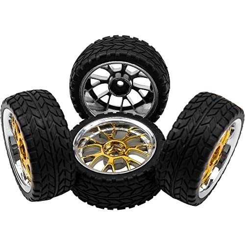 4Pack HIRCQOO 12mm Hex Plastic Wheel Rims & 2.59" Rubber Tires Set w/Foam Compatible with Traxxas Kyosho HPI Tamiya TT-01 TT-02 Sakura HSP 1/10 RC On-Road Touring Car (Yellow) - color: Yellow