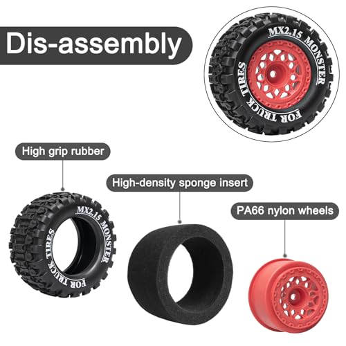 LRFHL 12mm Hex RC Wheel Tires 4PCS | for 1/16 Traxxas Mini Maxx 107154-1 Mini XRT VXL 108076-1 E-Revo Mini XRT MJX 16207 16210 HSP 94186 LOSI 1/18 Mini LMT - color: Black Tires+ Red Hex Wheel-5