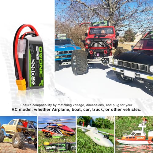 OVONIC 3S Short LiPo Battery 11.1V 2200mAh 120C with XT60 Plug for RC Car RC Truck Airplane Helicopter Boat Car Racing RC Hobby [2 Packs][77" D x 34" W x 26" H mm](with Lipo Voltage Checker)