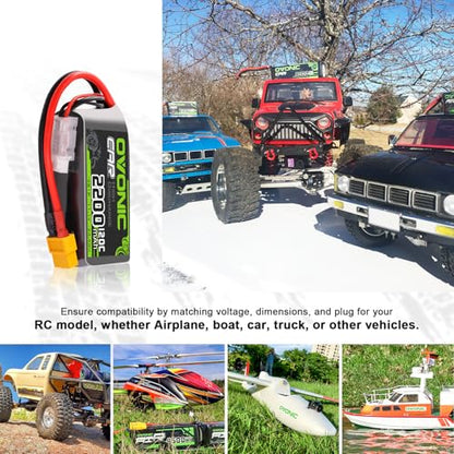 OVONIC 3S Short LiPo Battery 11.1V 2200mAh 120C with XT60 Plug for RC Car RC Truck Airplane Helicopter Boat Car Racing RC Hobby [2 Packs][77" D x 34" W x 26" H mm](with Lipo Voltage Checker)