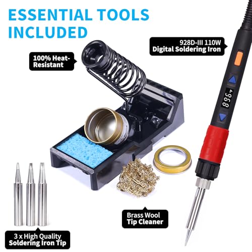 YIHUA 928D-III Soldering Iron,110W High Power, Fully Digital Display °F /°C- Temperature Control Soldering Tool, Accurate 194~896°F, with ON/OFF Switch, Iron Tip, Brass Wool, Automatic Sleep Mode - style: Advanced Style - Digital Iron (High Power)