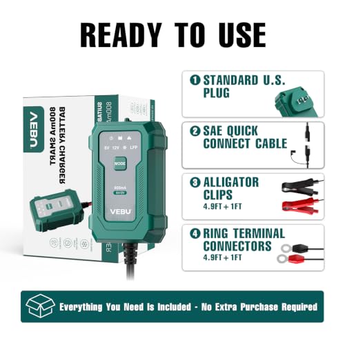 Motorcycle Trickle Charger 800mA Smart Battery Charger & Maintainer - Automatic for 6V/12V Lead Acid/Lithium Batteries, Plug & Play for Car Motorcycle Boat RV - size: 0.8A