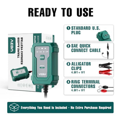 Motorcycle Trickle Charger 800mA Smart Battery Charger & Maintainer - Automatic for 6V/12V Lead Acid/Lithium Batteries, Plug & Play for Car Motorcycle Boat RV - size: 0.8A