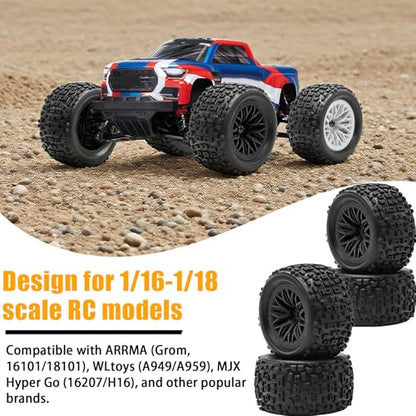 Pre-Glued 1/16 & 1/18 RC Monster Truck Tires, Soft Rubber Tire and Nylon Wheels Rims with 12mm hex Compatible with ARRMA 1/18 Granite/Typhon Grom, WLtoys A949, MJX Hyper Go H16 RC Buggy, 4PCS (Black) - color: Black