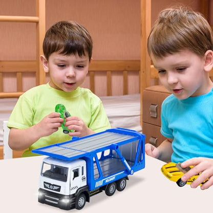 Toy Trucks, Pull Back Transport Truck Toys with 2Pcs Diecast Cars | Lights & Sounds, Alloy Truck with Trailer Transporter Vehicles Set, Toy Trucks for Toddlers Boys 3 4 5 6 7 8 Years Old Gift - style: Transporter Truck