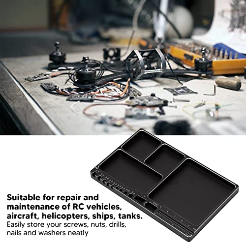 RC Magnetic Tray, 16x10x1.1cm Universal Aluminium Alloy Screw Tray RC Model Repair Tool Tray with Magnetic Pad for RC Trucks (Black) - color: Black
