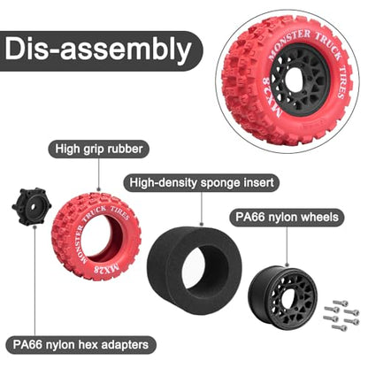 LRFHL MX28 F/R 2.8" RC Monster Truck Tires and Wheels 4PCS, Red | 12mm/14mm Hex Adapter, 1/10 RC Monster Truck, Compatible with Traxxas Stampede Rustler Redcat Arrma Vorteks Big Rock Granite - color: Red Tires+ Black Wheel-5
