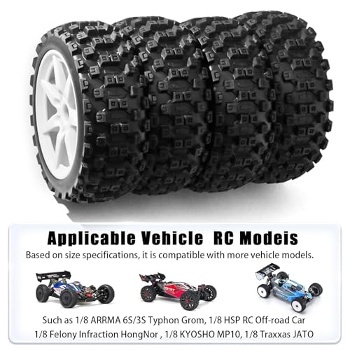 1/8 Scale RC Off-Road Buggy Tires & Wheels with 17mm Hex Foam Inserts Included, Compatible with ARRMA Typhon, LOSI, KYOSHO & More (Set of 4) - color: White