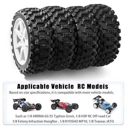 1/8 Scale RC Off-Road Buggy Tires & Wheels with 17mm Hex Foam Inserts Included, Compatible with ARRMA Typhon, LOSI, KYOSHO & More (Set of 4) - color: White