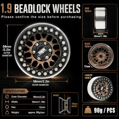 4PCS 1.9" RC Beadlock Wheels with12mm Hex & -6mm Offset Aluminum 30mm Wide Rims for 1/10 RC Crawler, Compatible with TRX4 TRX6 SCX10 SCX10 II III Gen8 RC4WD D90 90046 AXI03007 - color: Black-Bronze