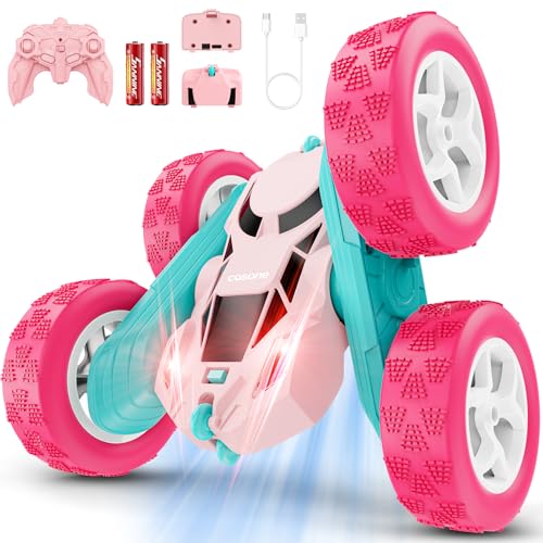 cosone Pink Remote Control Car for Girls | 2.4GHz RC Stunt Car, 360° Spins & Double Sided Driving, LED Lights, USB-C Rechargeable, One-Click Demo - color: Pink Pro