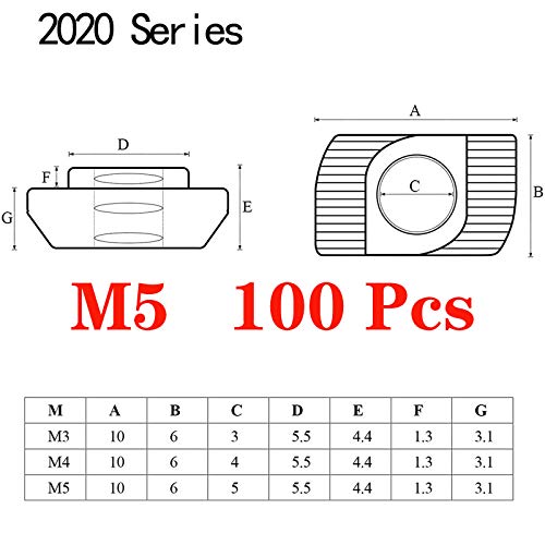 100pcs 2020 Series M5 Thread T Nuts Hammer Head Fastener Nut Sliding T-Nut,Nickel Plated Carbon Steel Nut for 20 Series Aluminum Extrusion Profile T Slot 6mm (2020 Series M5) - size: 2020 Series M5
