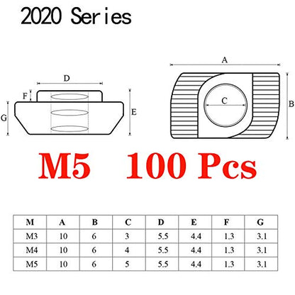 100pcs 2020 Series M5 Thread T Nuts Hammer Head Fastener Nut Sliding T-Nut,Nickel Plated Carbon Steel Nut for 20 Series Aluminum Extrusion Profile T Slot 6mm (2020 Series M5) - size: 2020 Series M5