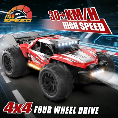 Remote Control Car, 4WD High Speed 30+KPH RC Cars for Boys Age 8-12, 2.4GHz RC Monster Truck Toys, 1:18 RC Truck with 2 Rechargeable Batteries & LED Lights, Birthday Gifts for Adults Kids