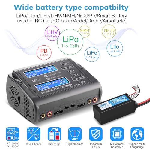 LiPo Battery Charger Dual 10A RC Fast Balance Battery Charger Discharger | RC Car Drone Chargers for 1S-6S LiPo Li-ion Life LiHV 1S-15S NiCd NiMH 2-20V PB Smart Batteries