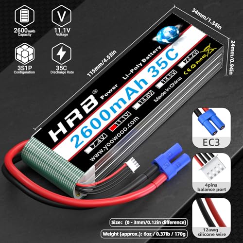 HRB 2PCS 3S 2600mAh Lipo Battery 11.1V 35C EC3 Compatible with RC Plane