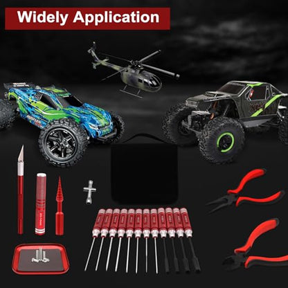 19Pcs RC Car Tool Kit Hex Screwdriver Set Nut Drivers Phillips Screwdrivers Plier Wrench Body Reamer for 1/8 1/10 Traxxas Axial Arrma DJI Drone Boat RC Repair Tool Kit Red - color: Red