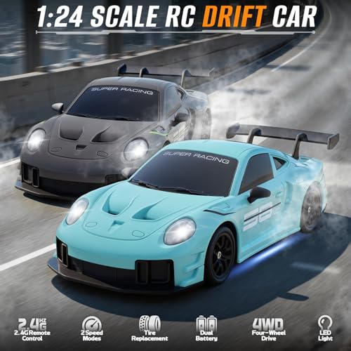 RC Drift Car, 1:24 4WD Remote Control Cars Vehicle with LED Light,2.4GHz 20KM/H High Speed RC Cars with Two Batteries & Drifting Tires Racing Sport Toy for Adults Boys Girls Kids Blue - color: Blue