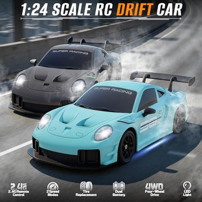 RC Drift Car, 1:24 4WD Remote Control Cars Vehicle with LED Light,2.4GHz 20KM/H High Speed RC Cars with Two Batteries & Drifting Tires Racing Sport Toy for Adults Boys Girls Kids Blue - color: Blue