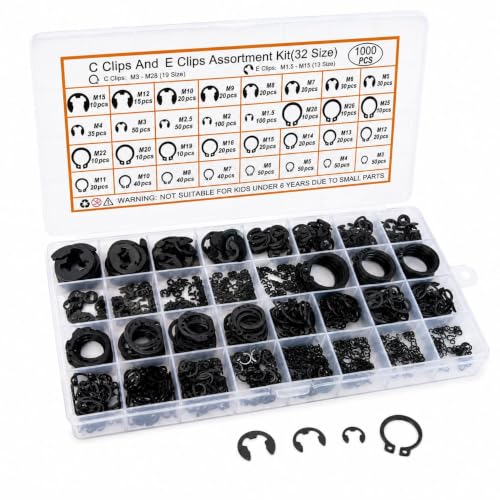 1000-Piece C Clips & E Clips Assortment Kit - 32 Sizes, Retaining Rings | Black carbon steel snap ring kit: 32 metric sizes, C clips M3-M28 and E clips 1.5-15 mm, labeled case for automotive repair