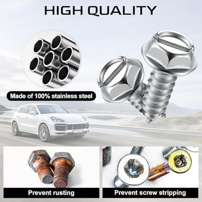 Rustproof License Plate Screws for Securing License Plates Frames and Covers on Cars and Trucks, 4 Sets Premium Stainless Steel Self Tapping Mounting Bolts, Silver - color: Slotted-Silver, size: 4 Pack