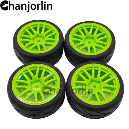 RC 1/10 On Road Touring Tires & Wheels 12mm Hex Hard Plastic Rims OD 65mm Street Racing Tyre for 1:10 1/12 Rally Drift Car Tamiya TT01 TT02 Traxxas XV02 XV01 HPI KYOSHO PTG2 4PCS (Green) - color: Green