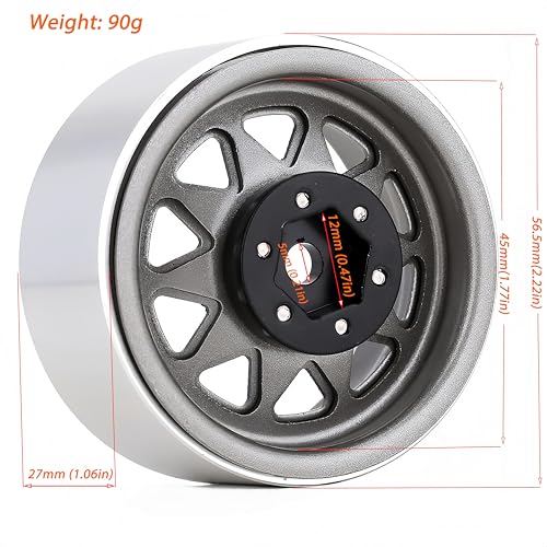 4PCS AMK 1.9 Steel Beadlock Wheels with 12mm Hex & -8.9mm Offset Wheel Rims for 1/10 RC Rock Crawler TRX4 TRX6 SCX10 CAPRA-10 Redcat Gen8 1.9 Wheels Upgrade (Gray) - color: Gray