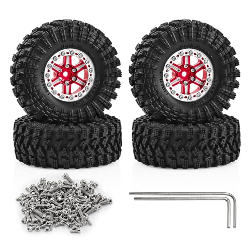 1.3" Aluminum Wheel & Tire Set - Upgrade Parts for 1/18 1/24 SCX24 TRX4M RC Crawler (red) - color: red-2