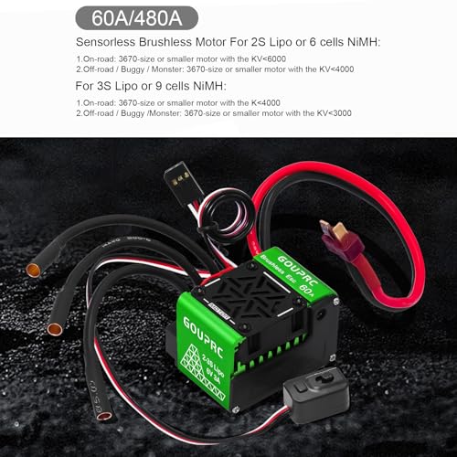 GOUPRC Upgrade 60A Brushless ESC & S3650 4300KV Brushless Motor 3.175mm Shaft Kit Combo for 1/10 Off-Road RC Buggy Monster Truck Car - color: 4300KV Green Motor ESC