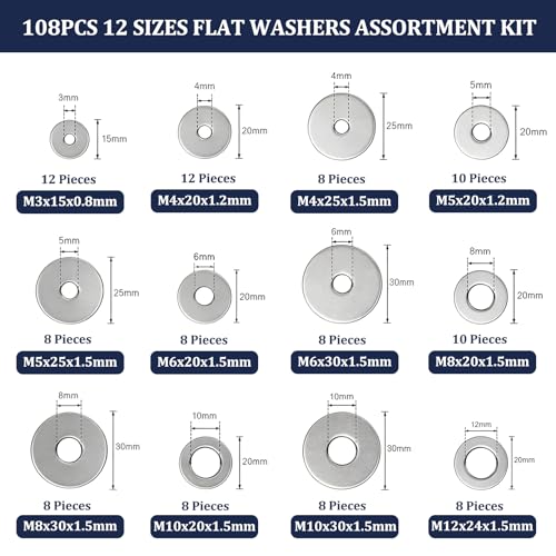 ZQZ 108Pcs Flat Washers, 304 Stainless Steel Fender Washers Assortment, 12 Different Sizes Wide Washer M3 M4 M5 M6 M8 M10 M12 Assorted Flatwashers Kit - size: 12 Sizes 108 Pieces