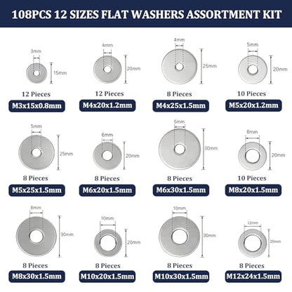 ZQZ 108Pcs Flat Washers, 304 Stainless Steel Fender Washers Assortment, 12 Different Sizes Wide Washer M3 M4 M5 M6 M8 M10 M12 Assorted Flatwashers Kit - size: 12 Sizes 108 Pieces