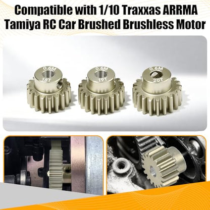 3PCS 0.6 Mod 0.6M Pinion Gear Set 18T 19T 20T, 7075 Aluminum Alloy RC Gears with 3.175mm Bore for 540 550 Brushed Brushless Motors, Fits for 1/10 Tamiya Redcat HSP HPI RC Cars - size: 18 19 20T