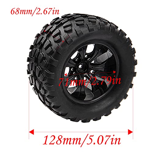 12mm Hub 5.07''OD Rubber Tires & Wheel Rim w/Foam Compatible with 1/10 Scale Traxxas Rustler Stampede HPI HSP Volcano Tamiya Blackfoot 1/10 Off-Road Crawler Monster Buggy Truck