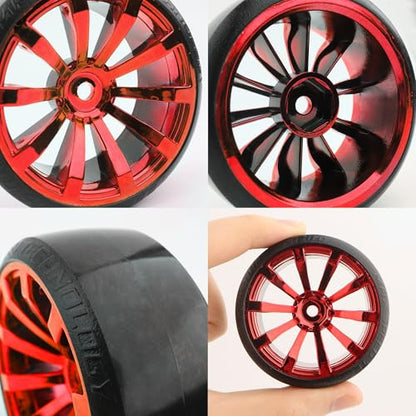 4 Pieces OD 2.45" Hard Plastic Drift RC Tire 12mm Hex On Road Touring Racing Bald Wheels Compatible with 1/10 Scale HSP Tamiya Kyosho Traxxas Sakura WLtoys RC Trucks (Red) - color: Red