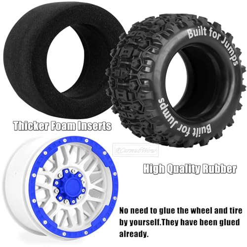1/8 1/10 17mm Hex RC Truck Tires,Wheels and Tires for 1/10 E-Revo T-Maxx Summit,1/8 Kraton Outcast 6S,Sledge,Buggy Rubber Tyres and Rims w/Foam Insert for RC Off-Road Car,White-Navy Blue - color: White&navy Blue(4pcs)