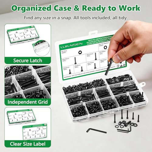 781PCS M3 Screw Assortment Kit, 12.9 Alloy Steel Hex Socket Cap Bolts | M3 X 6/8/10/12/16/20/25/30mm,With Nuts & Flat Washers & Lock Washers & Wrench, Black Zinc Plated ,for 3D Printing, DIY, Home - size: M3 781pcs 3