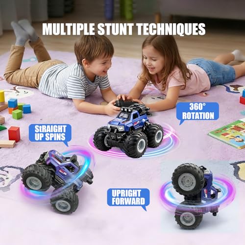 BEZGAR Remote Control Mosnter Truck, RC Cars with Mist Spray, Two Batteries | RC Truck with Music & LED Light, 360° Stunt Spins Monster Truck Toys for Boys 4-7, 40+ Mins Battery Life