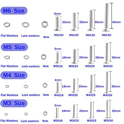 newlng 680pcs M3 M4 M5 M6 Flat Head Phillips Machine Screws with Nuts & Washers Kit 304 Stainless Steel Bolts and Nuts Washers Cross Countersunk Head Screws for DIY Repair Fixing Accessories - size: M3456-2