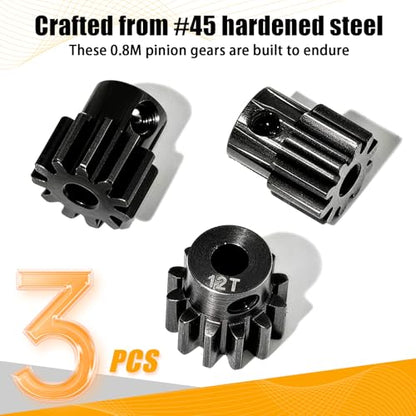 0.8M Pinion Gear Set Hardened Steel 3.175mm Shaft 10T 11T 12T Pinion Gears with Screws and Hex for Tamiya, Traxxas, Arrma, Axial, Losi, HPI 1/10 RC Car Brushless Brush Motor Upgrade - size: 10 11 12T