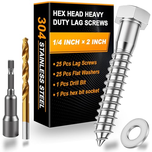 25 Pcs 1/4" x 2" Hex Head Lag Screws for Wood, Hex Head Lag Bolts,304 Stainless Steel 18-8 Heavy Duty Wood Screw with Flat Washers (25, 1/4" x 2") - size: 1/4" x 2"