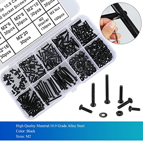 410Pcs Tiny Button Head Hex Socket Cap Screws, Black Grade 10.9 Alloy Steel, M2 x 4/6/8/10/12/16/20mm Allen Head Machine Screws, Nuts and Washers Kit with Hex Key, Fully Threaded Pitch: 0.4mm - color: Black-410Pcs M2 Button Head Socket Screw-10.9