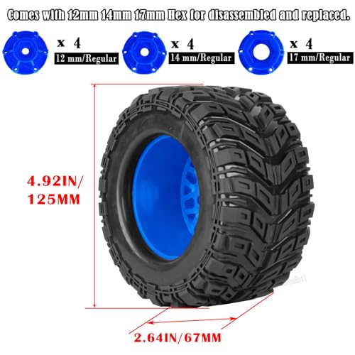 RC Truck Tires Wheel for 1/10 Big Rock Granite Vortek 3s / Stampede Rustler RC Car,4-Pack RC Wheels Tires Plastic Wheels w/12mm/14mm/17mm Replaceable Hex,Blue-Pink - color: Blue-pink- (Rc Tires Wheel)
