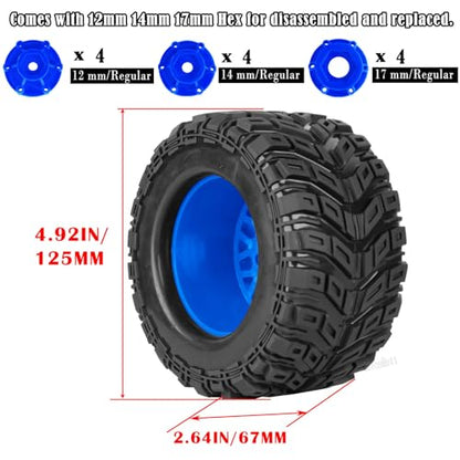 RC Truck Tires Wheel for 1/10 Big Rock Granite Vortek 3s / Stampede Rustler RC Car,4-Pack RC Wheels Tires Plastic Wheels w/12mm/14mm/17mm Replaceable Hex,Blue-Pink - color: Blue-pink- (Rc Tires Wheel)