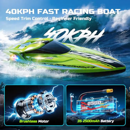 DEERC Fast Brushless RC Boat for Adults 40+KPH, 19" High Speed Racing Boat, 3S 2500mAh Li-po Battery, Self-Righting, 2.4GHz Remote Control Boat W/Lights, Dual Waterproof for Lake, Pool & Saltwater S7