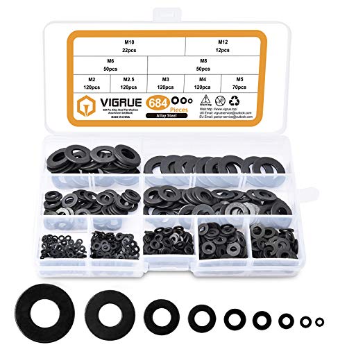 VIGRUE 684Pcs Metric Flat Washers Assortment Kit, M2 M2.5 M3 M4 M5 M6 M8 M10 M12 Black Washers for Screws, Zinc Plated Alloy Steel