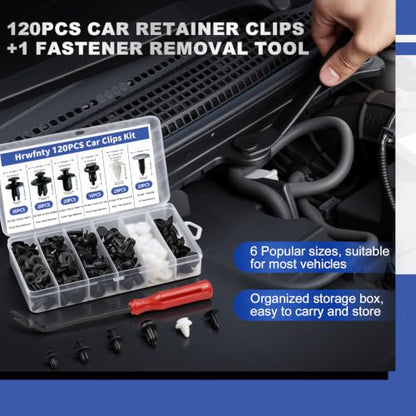 120PCS Car Clips Kit, 6 Popular Sizes, Fits Most Vehicles | Push-In Plastic Rivets with Removal Tool for Bumper, Fender & Door Trim Panel Replacement